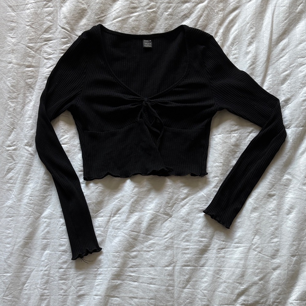 SHEIN Black Ribbed Long Sleeve Blouse